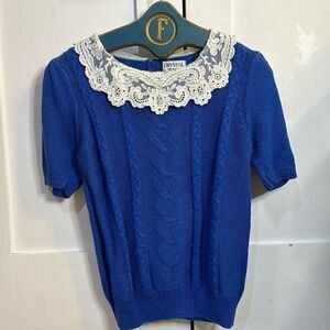 Vintage Crystal Blue Sweater with Lace Collar - S